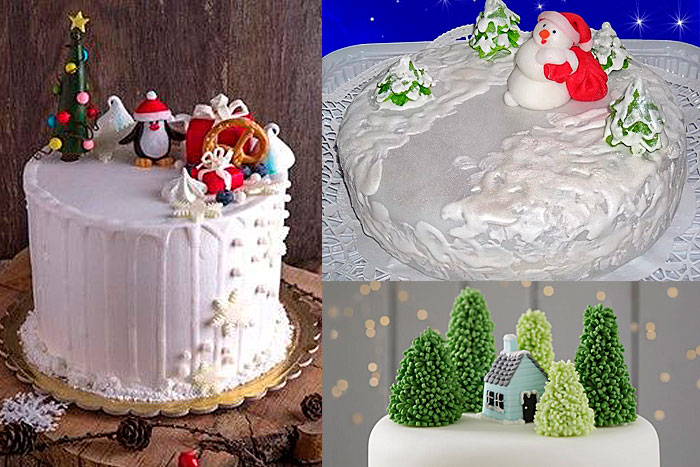 Фото Новогодних тортов оформленных кремом и глазурью с сахарными фигурками