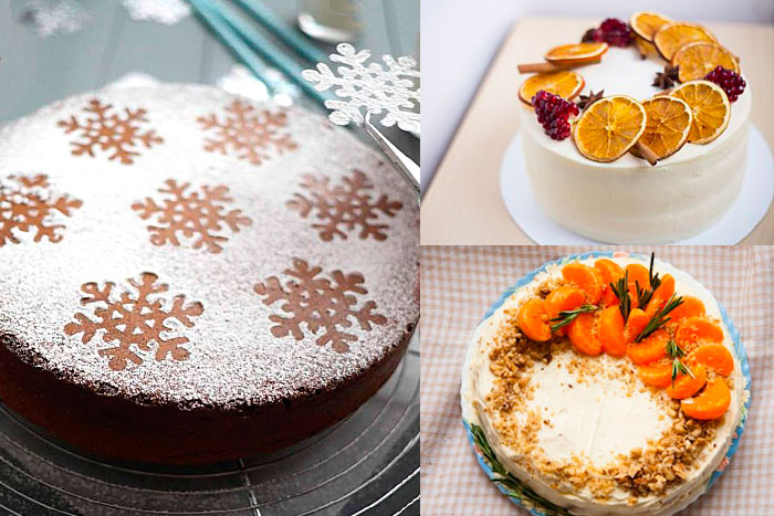 Торты на Новый год с оформлением орехами, фруктами и сахарной пудрой